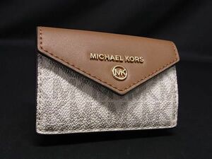 1円 ■極美品■ MICHAEL KORS マイケルコース MK柄 PVC×レザー 三つ折り 財布 コンパクト ウォレット ホワイト系×ブラウン系 BG7463