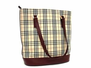 1円 ■美品■ BURBERRY バーバリー ノバチェック キャンバス トートバッグ ショルダー 肩掛け ライトベージュ系×ボルドー系 AY0377