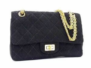 1円 CHANEL シャネル マトラッセ 2.55金具 コットン ダブルフラップ チェーン ショルダーバッグ ハンドバッグ ブラック系 BG3041S1H1