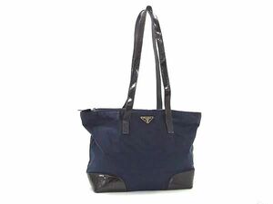 1円 PRADA プラダ ナイロン×パテントレザー ハンドバッグ トートバッグ レディース ネイビー系×ブラウン系 CB1621