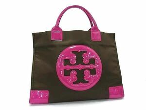 1円 ■美品■ TORY BURCH トリーバーチ エラ ナイロン×パテントレザー トートバッグ ハンドバッグ ブラウン系×ピンク系 AW1826