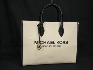 1円 ■新品同様■ MICHAEL KORS マイケルコース キャンバス×レザー ハンドバック トートバック ホワイト系×ブラック系 AS6366