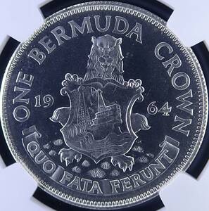 【超希少1枚のみ！PF 初出品！】 運命の赴くままに 1964年 イギリス領 バミューダ諸島 エリザベス 激レア プルーフ 1クラウン 銀貨 NGC