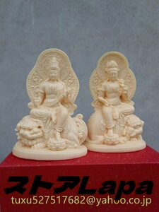 文殊菩薩 普賢菩薩 木彫仏像 仏教美術 精密細工 彫刻工芸品