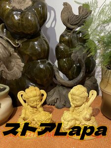 珍品 仏教工芸品 精密彫刻 鎮宅辟邪　木彫仏像 文殊菩薩 普賢菩薩一式