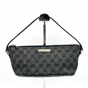 1円 美品 GUCCI グッチ GGキャンバス レザー グレー ブラック アクセサリーポーチ ハンドバッグ 07198