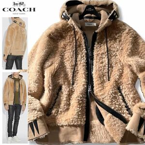 未使用級/XL●極上 COACH コーチ 毛皮 ムートン パーカー ジャケット ラムレザー 羊革 ボア リアルファー レザーパッチ Rexy レキシー 希少