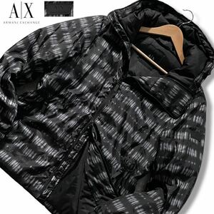 極美品/L-XL相当●アルマーニ エクスチェンジ ダウンジャケット ブルゾン ARMANI EXCHANGE 中綿 総柄 ダブルジップ AXロゴパッチ 自宅洗い