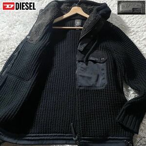 美品/L相当●DIESEL ディーゼル ローゲージ ワッフルニット パーカー フード ジャケット ボア メランジウール 厚手 メンズ 黒 レザーロゴ