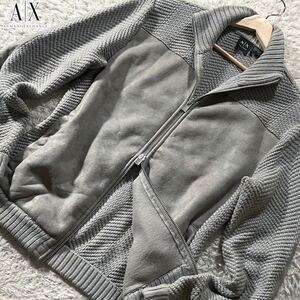 美品/XL相当●アルマーニ エクスチェンジ ニット切替 ボアジップジャケット ブルゾン ARMANI EXCHANGEフェイクレザームートン ローゲージ