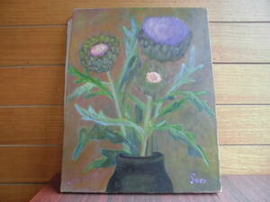 Art hand Auction Oil painting F6 size 41x32cm Thistle Thistle Flowers in a vase Tabletop still life Author unknown Oil painting Hand-painted No frame Canvas Hand-painted One-of-a-kind Artwork Interior painting Showa retro Vertical composition, Painting, Oil painting, Still life
