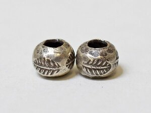 ●わくわく とんぼ玉★得割! カレンシルバー葉紋様扁平丸型ビーズ2個セットL(Φ7.0mm) SILVER925 銀ビーズ トンボ玉【T23001L】