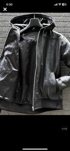 ◆モデル出品◆ Mサイズ 黒レザージャケットパーカー 本革 シングルライダース フード付 冬春秋 お洒落リッチ メンズ フーディー 