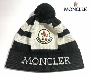 MONCLER モンクレール ビッグロゴ ワッペン ニット帽 ビーニー ブラック ボーダー ウール イタリア製 帽子 正規品