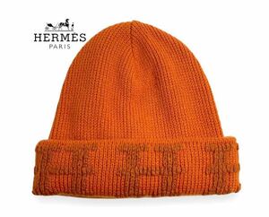 美品 HERMES エルメス マルジェラ期 Hロゴ カシミヤ100% ニット帽 ビーニー 帽子 エルメスオレンジ イタリア製 正規品