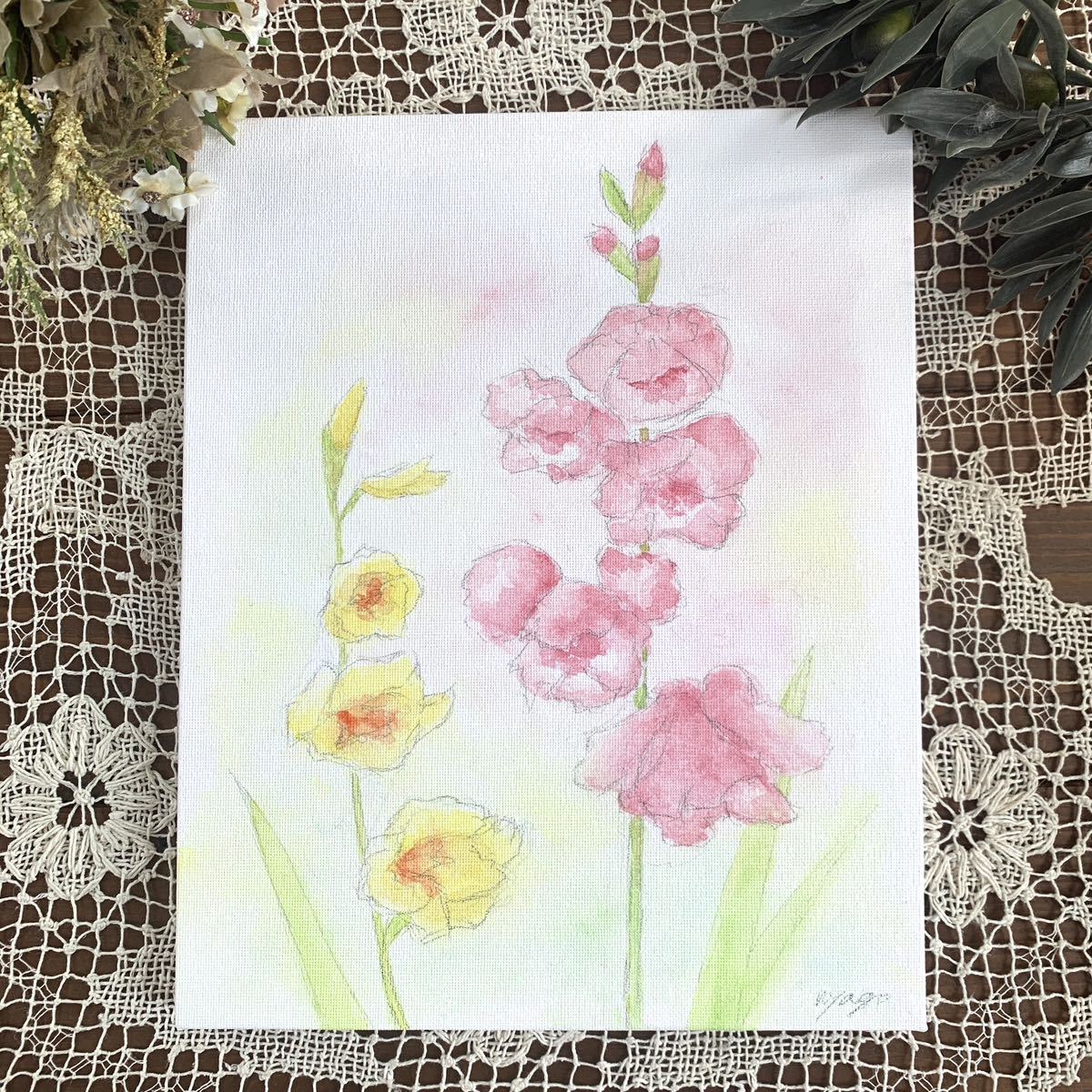 Nyago Aquarellmalerei Gladiolenblume botanisches Gemälde Gemälde Originalillustration Leinwand Handgezeichnetes Kunstwerk Illustration Maler Originalgemälde echtes Kunstwerk Kunstwerk Innenraum, Malerei, Aquarell, Stilllebenmalerei