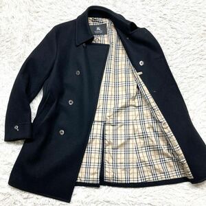 極美品 バーバリーブラックレーベル BURBERRY BLACKLABEL ピーコート ロングコート アンゴラ混 ノバチェック 銀ボタン ロング丈 黒 Mサイズ