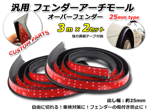 汎用 オーバーフェンダー ３ｍ ２セット 合計６ｍ フェンダーフレア 出し幅 約25ｍｍ フェンダーアーチモール ラバー製 両面テープ付き 黒