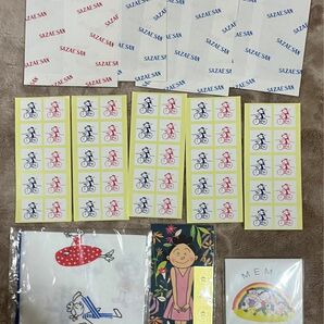 長谷川町子美術館　セット　サザエさん　ハンカチ　レトロ一筆書便箋　メモ帳　シール　お土産袋　