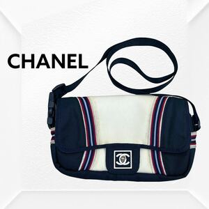 高級 CHANEL シャネル スポーツライン １０番台 トリコロール ナイロンキャンバス ココマーク ターンロック ショルダーバッグ