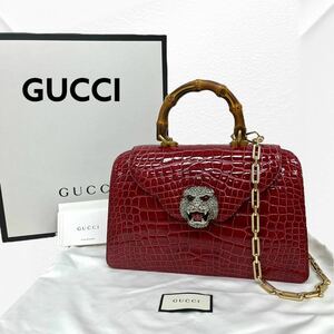 定価410万 GUCCI グッチ 18AW クリスタル タイガーヘッド クロコダイル レザー チェーンストラップ バンブー ハンドバッグ 513086