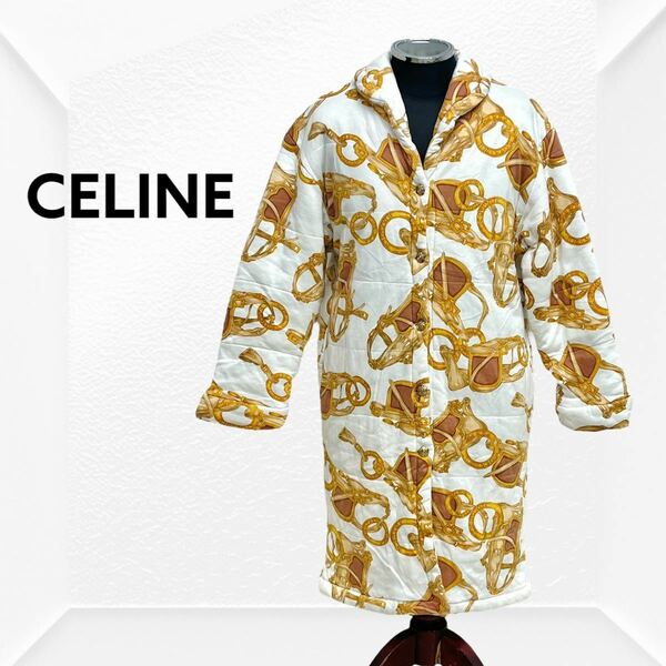 CELINE セリーヌ コットン サークルロゴ 馬具プリント スカーフ柄 中綿入りコート レディース