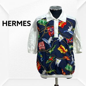 高級 HERMES エルメス コットン 天使 エンジェル イルカ 旗 スカーフ柄 プリント ポロシャツ レディース