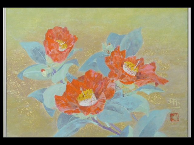 Rinichi Mase Higo Tsubaki (زهرة الكاميليا) لوحة يابانية (ملونة) ورق بحجم F4 مؤطر بملصقات المعلمون: ريوشي كواباتا, سويشو نيشياما, شيزن شيماتاني عضو جمعية نيتن المتوفى s24011402, تلوين, اللوحة اليابانية, الزهور والطيور, الحياة البرية