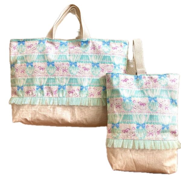 クラシカルモダンシュシュ ネコ柄 グリーン ハンドメイド レッスンバッグ 上履き入れ 2点セット 入園入学