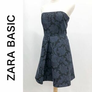 ZARA BASIC ザラベーシック ドレス ワンピース ベアトップ 花柄 総柄 ジャガード お呼ばれ パーティー ネイビー 紺 USA/S サイズS-M相当
