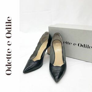 Odette e Odile オデットエオディール パンプス ハイヒール クロコ型押し ポインテッドトゥ スカラップ ブラック 黒 23.0cm