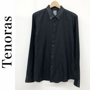 Tenoras ティノラス メンズ 長袖シャツ ボタンダウン 襟袖/千鳥柄 シャドー総柄 ブラック 黒 Lサイズ 紳士