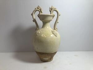 中国 古美術 時代物 古陶器　唐物 白釉 龍花瓶 花器 旧蔵家出