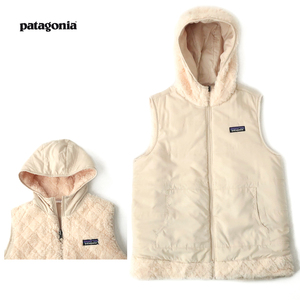 美品◎patagonia リバーシブル フード付フリースベスト ソフトシェル×キルトボア ナチュラルベージュ M