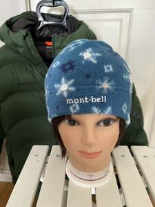 美品 モンベル mont-bell クリマプラス100 プリント イヤーウォームキャップ キッズsizeフリー 頭周り51～54cm スチールブルー系 #1108792