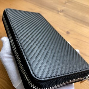 【土屋革具 】 カーボンレザー 長財布 ラウンドファスナー コインケース 牛革 レザー メンズ財布 1円 黒×青　ハンドメイド