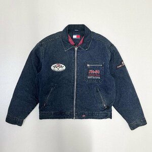 ●TOMMY HILFIGER トミーヒルフィガー デニムジャケット キルティング裏地 レーシング バイク 刺繍 ネイビー系 サイズM メンズ 1.27㎏●