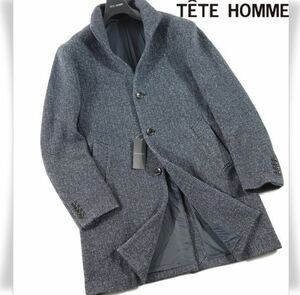 新品1円～★定価2.5万 TETE HOMME テットオム メンズ 秋冬 ニットフリース スタンドカラーコート ヘリンボーン柄 L 