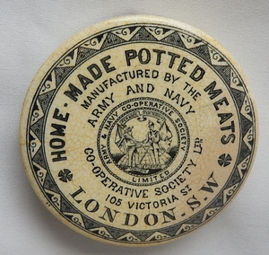 アンティーク・ポットリッド「ホームメイド・ポッテド・ミート」100年以上前に作られた陶磁器の容器の蓋　直径9センチ