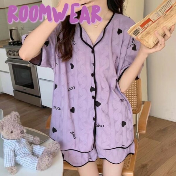 ルームウェア 部屋着 パジャマ 半袖 上下セット ボタン 韓国 おしゃれ かわいい パープル 紫 レディース