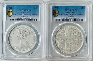 2021年 オルダニー ニュー ゴシッククラウン 5ポンド マッドプルーフ 銀貨 2枚セット PCGS PR70 最高鑑定品！！