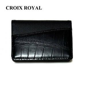 新品 箱付き クロワロワイヤル クロコダイル カードケース 名刺入れ ブラック CROIX ROYAL CRS714 黒 牛革 ワニ革 型押 メンズ 定期入れ