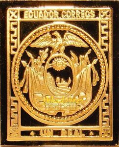 18 エクアドル 1レアル コンドル 最初の切手 コレクション 国際郵便 限定版 純金張り 24カラットゴールド 純銀製 メダル コイン プレート