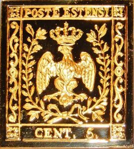 2/ イタリア モデナ初 5セント 王冠の鷲 メダル 1852年切手 コレクション 国際郵便 限定版 純金張り 24KT ゴールド 純銀製 コイン プレート