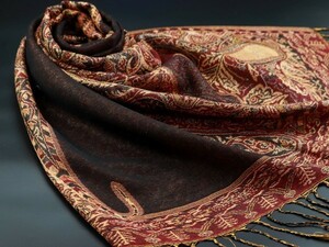 セレクト出品◆LR-P178 最高級 カシミア 大判 ストール/マフラー【ボルドー系/Arabian paisley】金糸 極上 パシュミナ/カシミア