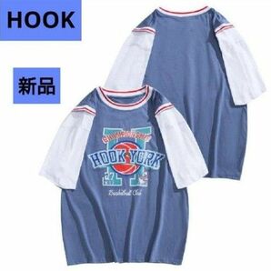 時間限定価格★NEW・HOOK　フック・メンズトップス・半袖・Tシャツ・カットソー・カラー・柄物・ブルー・XL