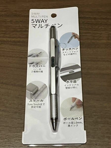 新品☆5 WAY マルチペン タッチペン ドライバー+/- スケール(7㎝/3インチ迄測定可能) 黒ボールペン 水平器(内容液緑色)