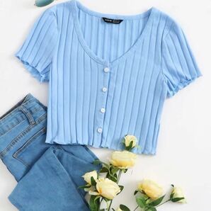 SHEIN Qutie ボタンアップ リブニット クロップトップ