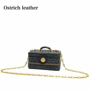 ☆良品☆ Ostrich leather italy製 オーストリッチ ダチョウ革 2way ミニバニティ チェーンミニショルダー 