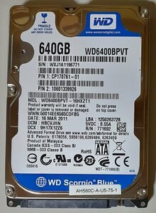 4183 2.5インチ内蔵SATAハードディスク 9.5mm 640GB WD6400BPVT-16HXZT1 富士通 LIFEBOOK AH56/C Windows7Homeリカバリ領域 正常 11098時間